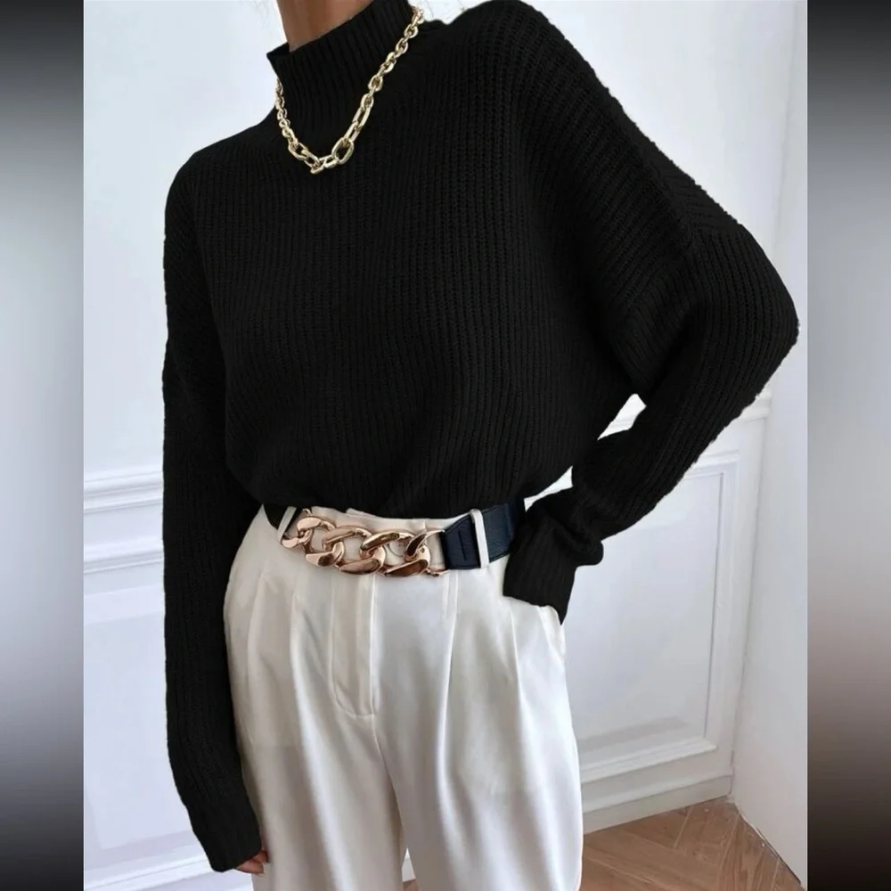 Cozy Oversized Mock Neck Long Sleeve Ribbed Knit Sweater Top - Picture 3 of 6